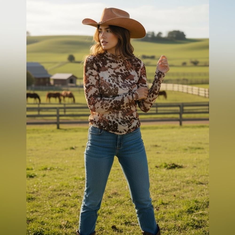 Cowhide Buckaroo‎ LS Mesh Top